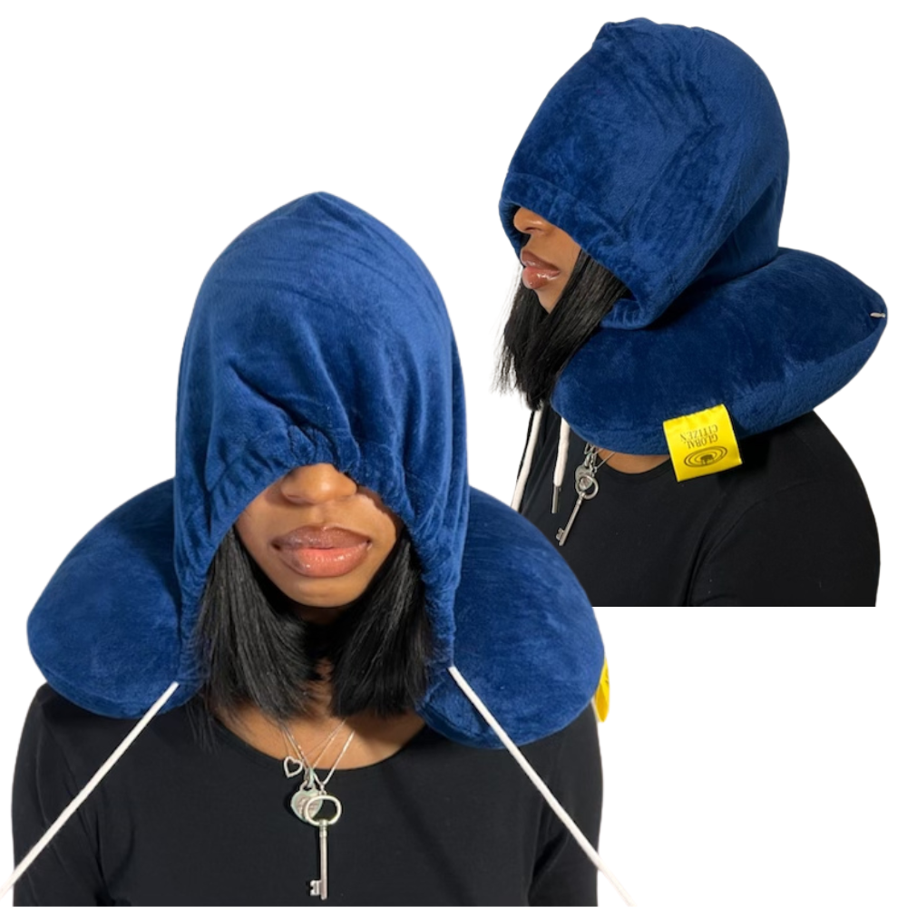 Blue FlyCloud satin-lined hooded travel neck pillow, product photo